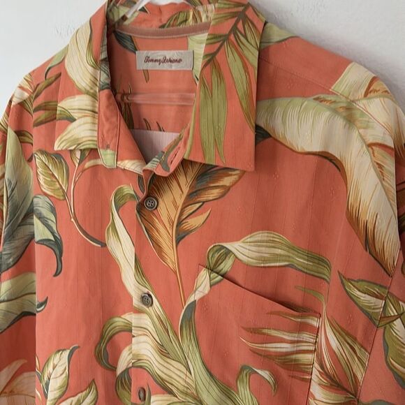 Tommy Bahama 100% Silk Hawaiian Shirt Orange Palm Tree Design Button Up Size XL - Picture 4 of 13